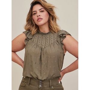 NWT Torrid 0 (L) Olive Eyelet Ruffle Sleeve Top; Large, 12, Blouse 0X Shirt